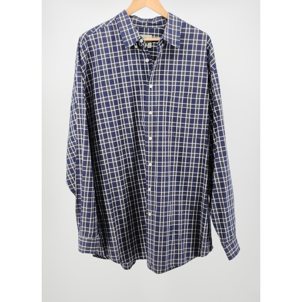 Eddie Bauer Mens XXL Tall Navy Blue White Plaid Cotton Button Down Shirt LS